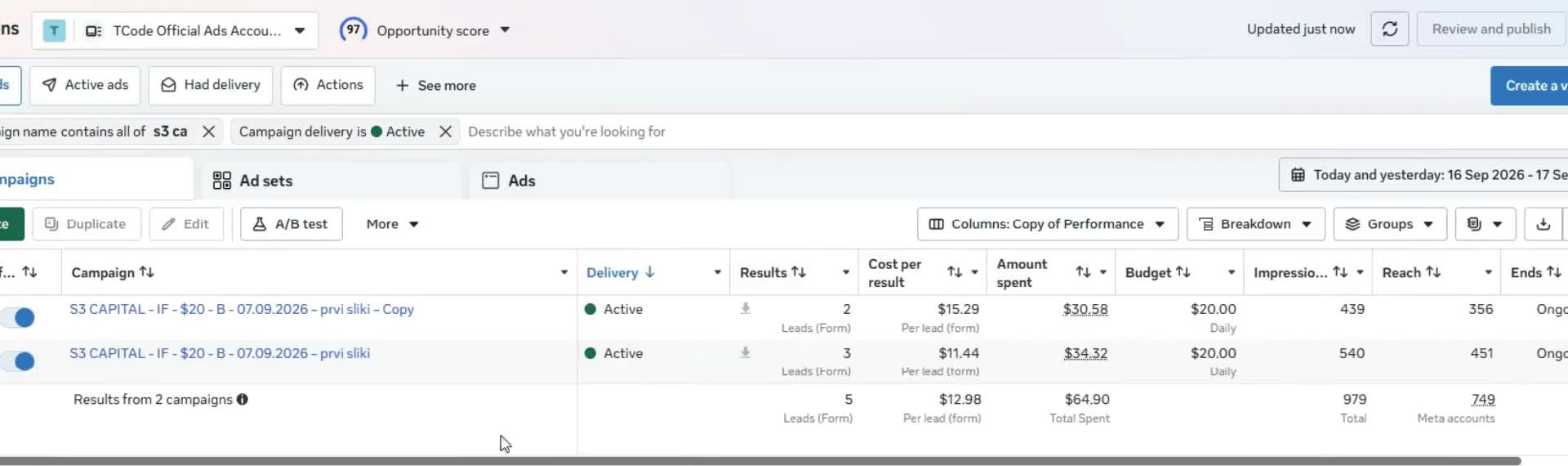 Ads Manager and lead sheet snapshot from the factoring campaign